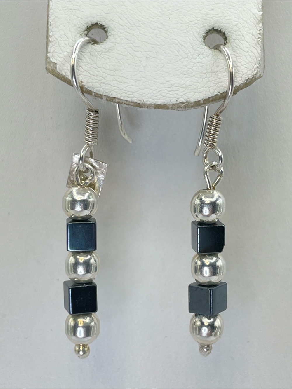 Sterling Silver Hematite Cube Beaded Dangle Drop Earrings Geometric